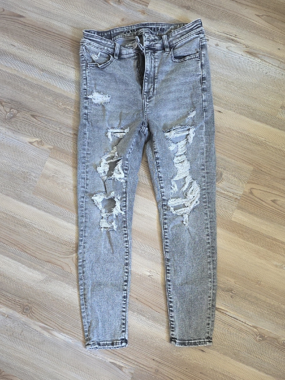 American Eagle Gray Super Distressed Skinny Jeans